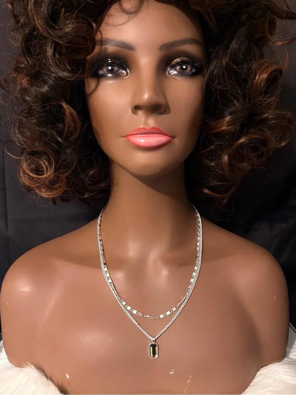 Silver‎ Tone Chains Necklace with Amber Glass Pendant (B1)